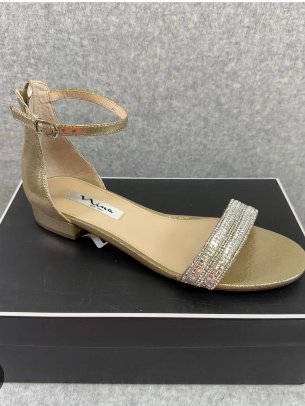 Nina Gold Crystal-Embellished Slingback Heels Taupe Reflective